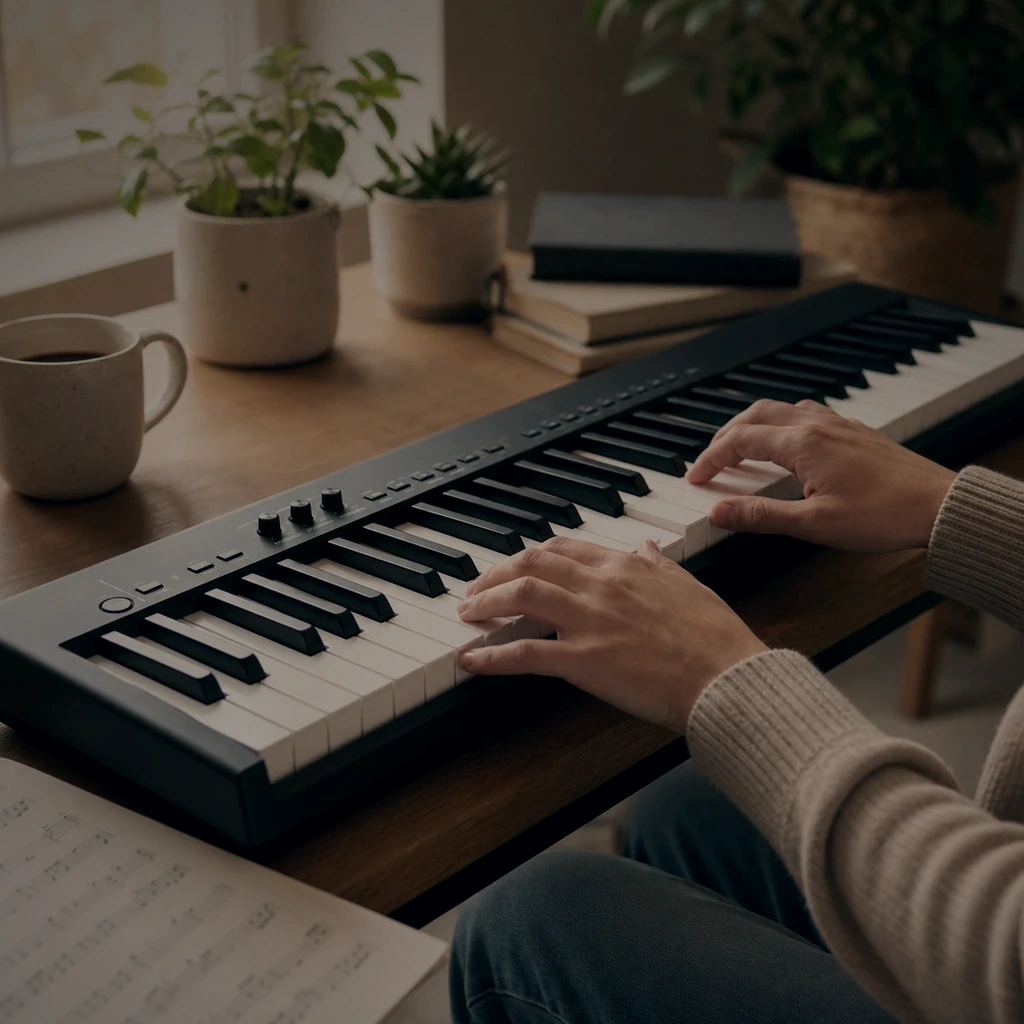Learner practicing piano notes on a digital keyboard